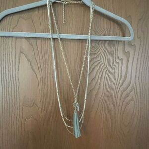 White House Black Market Gold Layered Tassel Necklace with Gray Tassel